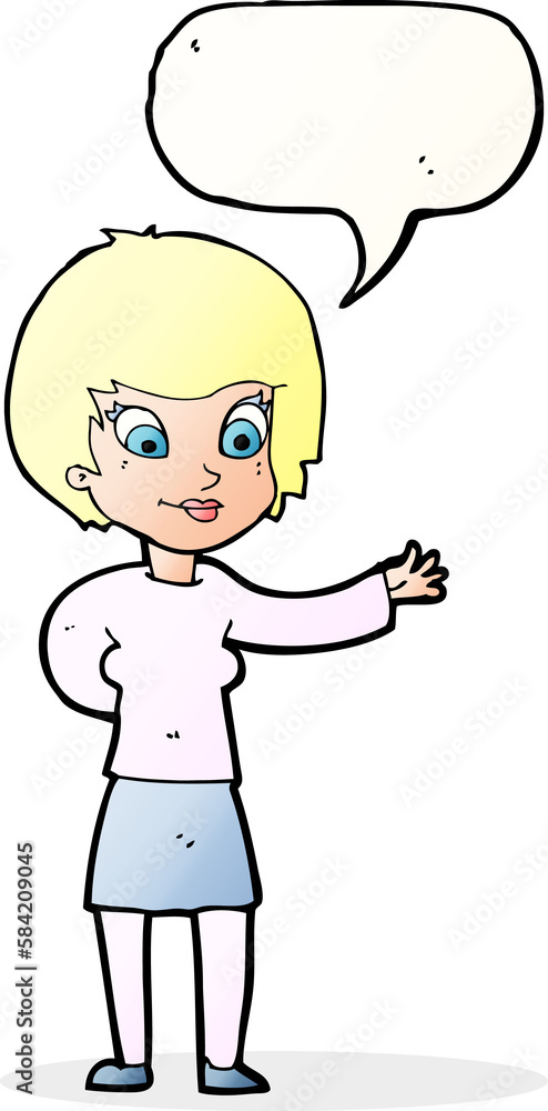 cartoon welcoming woman with speech bubble cartoon welcoming woman with speech bubble