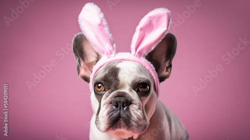 Cute dog wear pink bunny head band for easter day, AI generative.