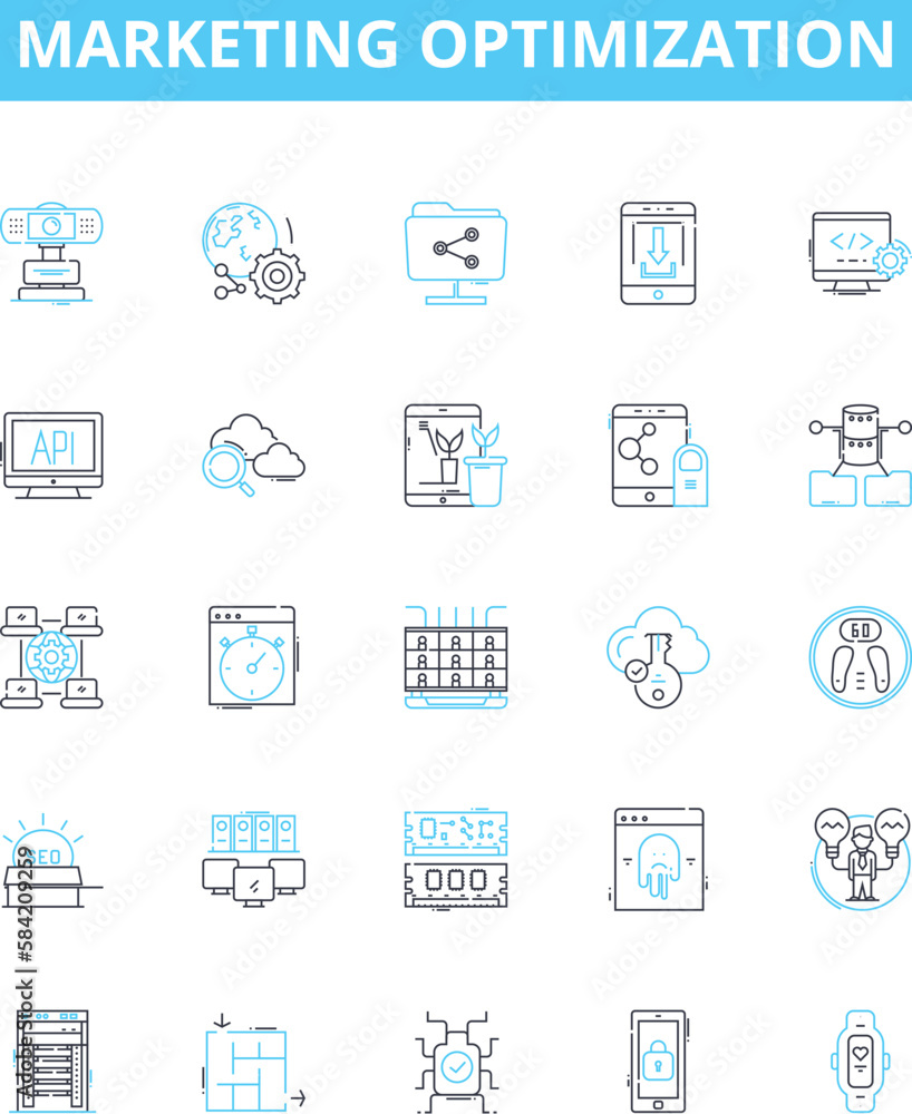 Marketing optimization vector line icons set. Optimization, Marketing, Strategy, Analysis, Research, Audience, Targeting illustration outline concept symbols and signs