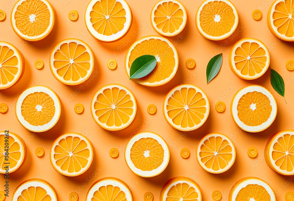 Orange fruit pattern. Healthy food background, directly above. Generative AI Orange fruit pattern. Healthy food background, directly above. Generative AI