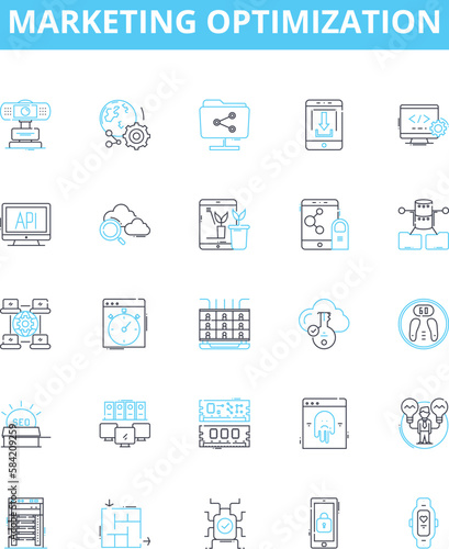 Marketing optimization vector line icons set. Optimization, Marketing, Strategy, Analysis, Research, Audience, Targeting illustration outline concept symbols and signs