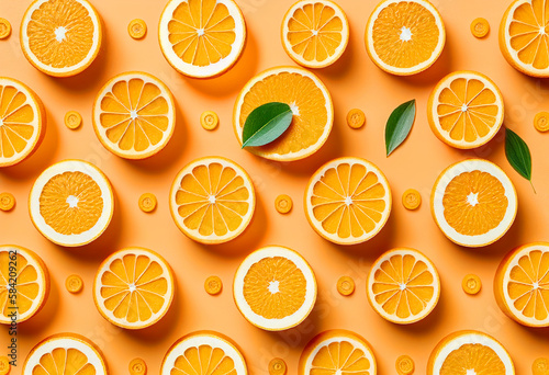 Orange fruit pattern. Healthy food background, directly above. Generative AI
