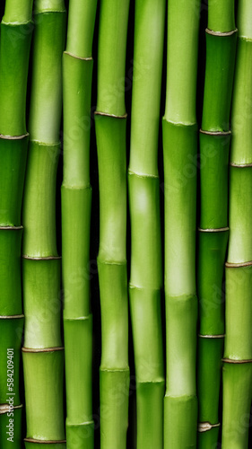 Bamboo stems background. Green bamboo shoots in a row. Bamboo fence wallpaper.