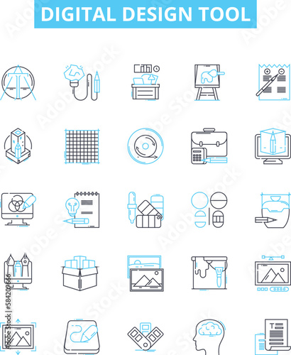 Digital design tool vector line icons set. Digital, Design, Tool, Graphic, Illustrator, Photoshop, CorelDRAW illustration outline concept symbols and signs photo