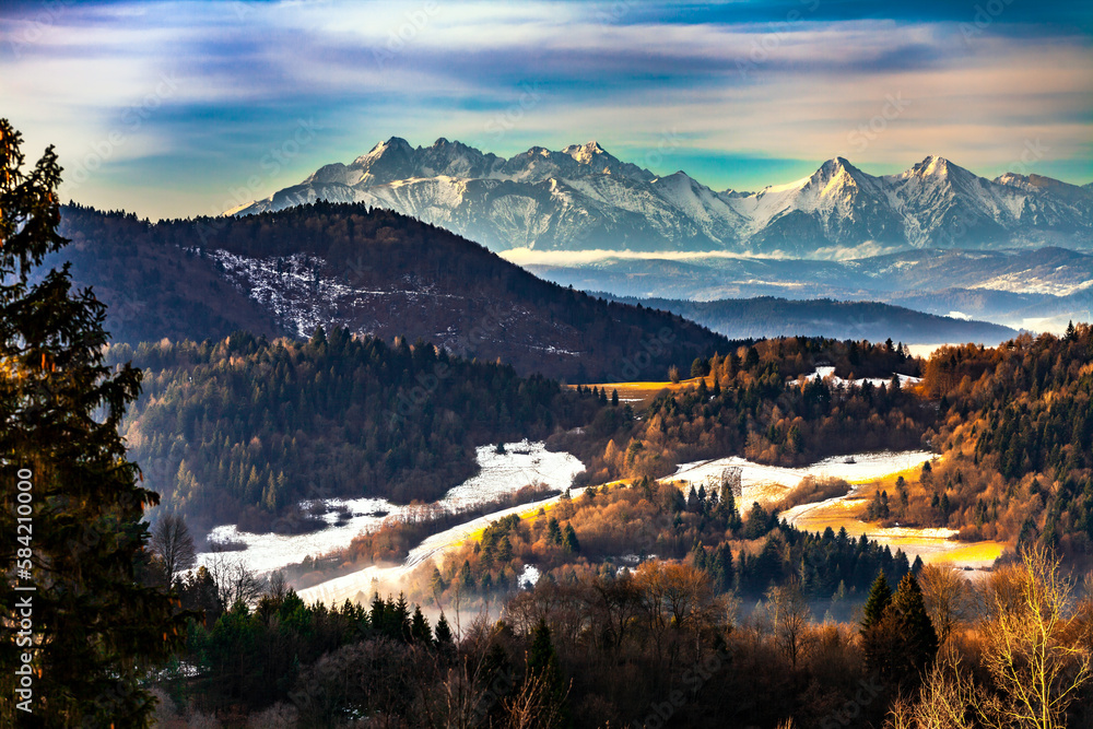 Obraz na płótnie Widok na Tatry Bielskie i Pieniny z Palenicy, zimowy krajobraz górski z ośnieżonymi szczytami na horyzoncie. w salonie