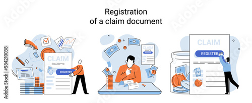 Registration of claim form register document, providing personal information, income information vector set. Tax filing, employer form, earnings statement documents, online software abstract metaphor © Dmytro