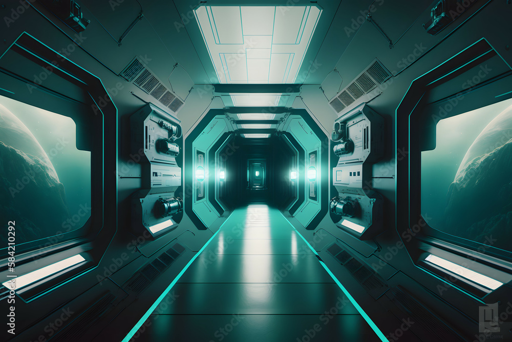 Obraz premium Futuristic Long Hallway of Spaceship with Blue-Green Light - Panoramic View, Generative AI