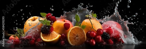 Wide banner background with fruits and splashes of water. Isolated food wallpaper generative ai