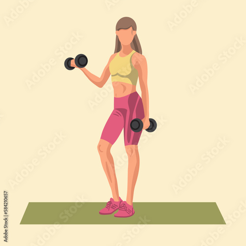 Faceless fitness Caucasian woman in sportswear standing on a fitness mat and doing a workout with the dumbbells. Workout and sports training concept. Vector illustration