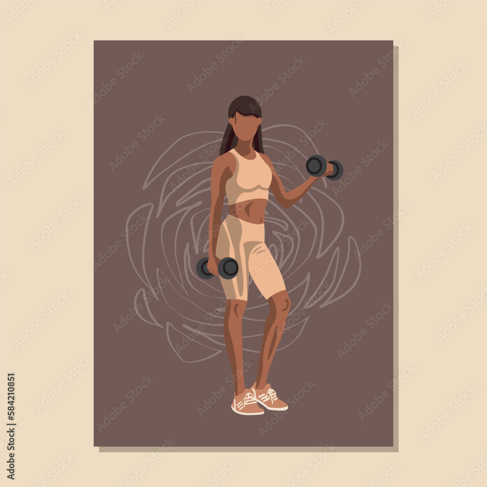 Fitness poster with a African American woman in sportswear standing and doing a workout with dumbbells on flower brown background. Vector illustration