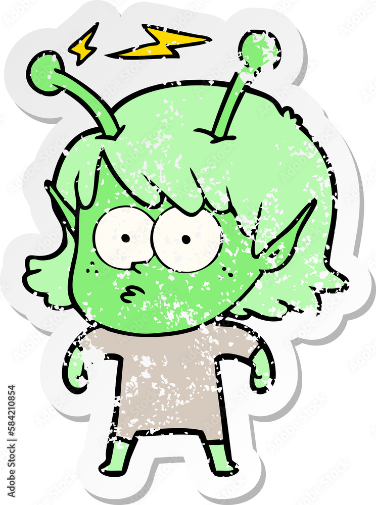 distressed sticker of a cartoon alien girl distressed sticker of a cartoon alien girl
