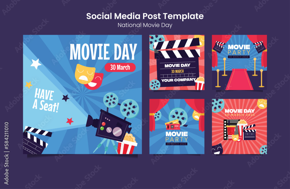 movie day icons set with popcorn bucket, Camera, Movie Ticket, Clapperboard concept on blue background. world film day illustration. movie day icons set with popcorn bucket, Camera, Movie Ticket, Clapperboard concept on blue background. world film day illustration.