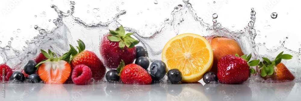 Wide banner background with fruits and splashes of water. Isolated food wallpaper generative ai Wide banner background with fruits and splashes of water. Isolated food wallpaper generative ai