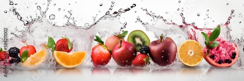 Wide banner background with fruits and splashes of water. Isolated food wallpaper generative ai