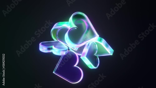 3D glass hearts likes animation. Motion design of heart like with Neon light reflections bouncing from each other. Transparent material love emoji. Club music graphics colour effect glow shine objects