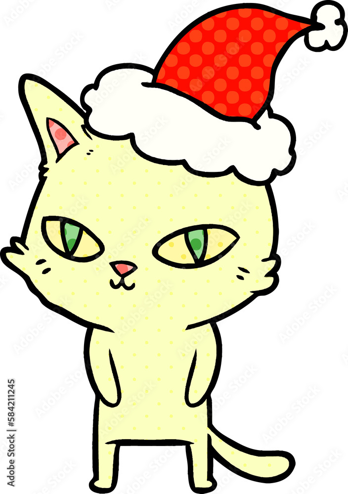 comic book style illustration of a cat with bright eyes wearing santa hat comic book style illustration of a cat with bright eyes wearing santa hat