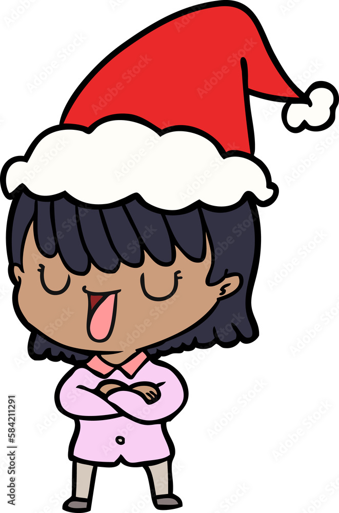 line drawing of a woman wearing santa hat line drawing of a woman wearing santa hat