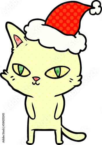 comic book style illustration of a cat with bright eyes wearing santa hat