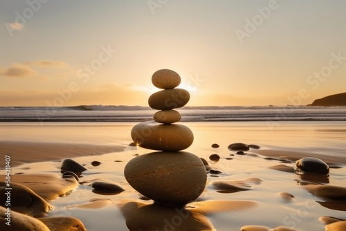 stack of zen stones on the beach, sunset and ocean in the background photo
