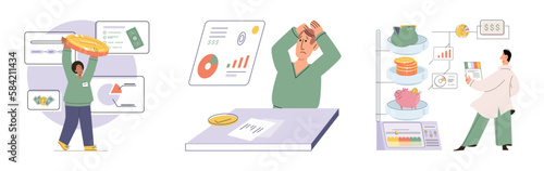 Budget plan concept. Evaluates income and expenses, analyzes investments and savings. Financial literacy and economics, accounting. Planning and distribution of money. Income and expenses report