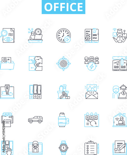 Office vector line icons set. Office, Desk, Chair, Cubicle, Workstation, Printer, Filing illustration outline concept symbols and signs