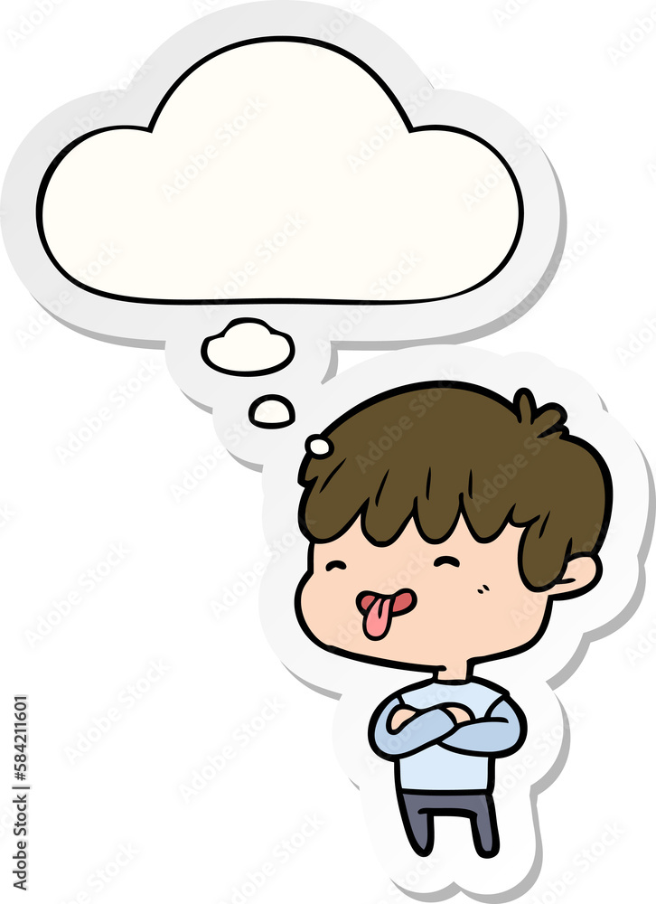 cartoon boy sticking out tongue and thought bubble as a printed sticker cartoon boy sticking out tongue and thought bubble as a printed sticker