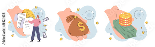 Financial audit concepts set. Character calculates and fills taxes from, analyzes public finances, puts tick in document. Economic fall and rise. Person earns and multiplies money. Achieving success