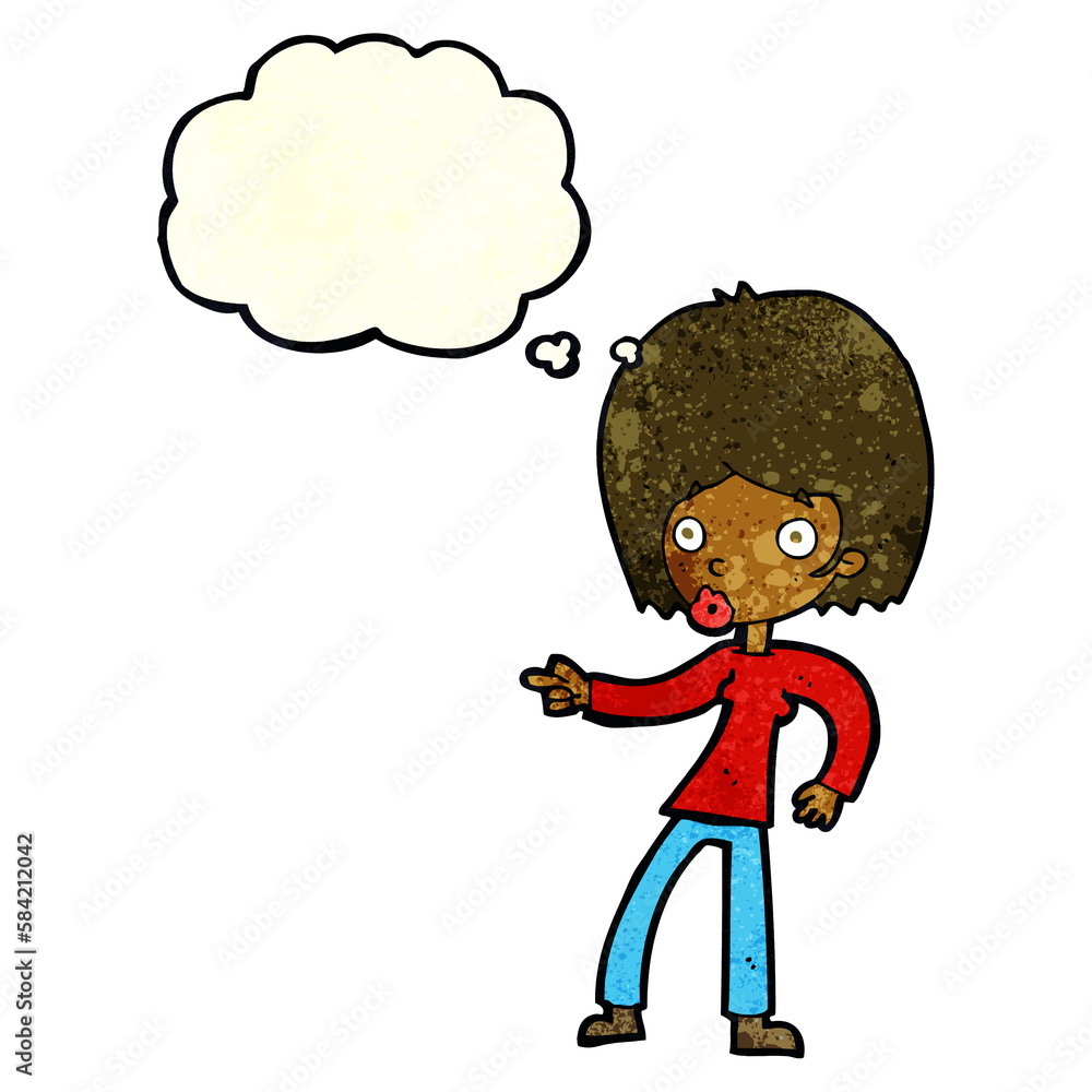 cartoon woman pointing with thought bubble cartoon woman pointing with thought bubble