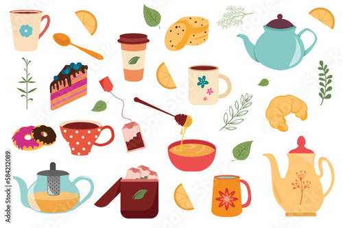 Tea time set concept in the flat cartoon design. Images of various teapots, cups and glasses for tea as well as pastries and dessert. Vector illustration.