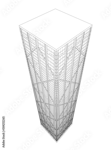 Outline of a multi-storey skyscraper from black lines isolated on a white background. Isometric view. 3D. Vector illustration.