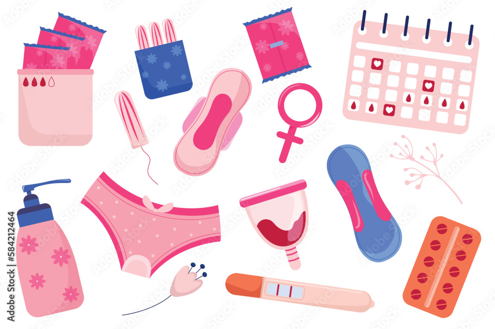 Female hygiene product items set concept in the flat cartoon style. Elements of feminine hygiene that every woman needs. Vector illustration.