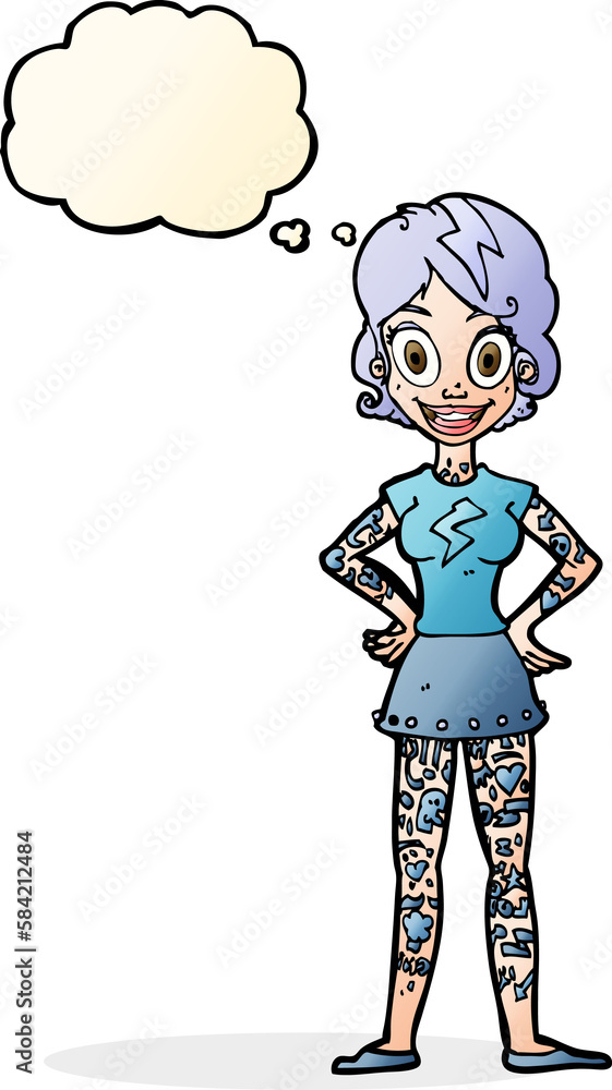Obraz premium cartoon woman with heavy tattoos with thought bubble