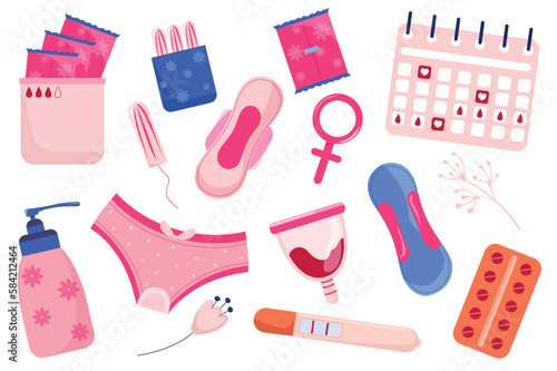 Female hygiene product items set concept in the flat cartoon style. Elements of feminine hygiene that every woman needs. Vector illustration.