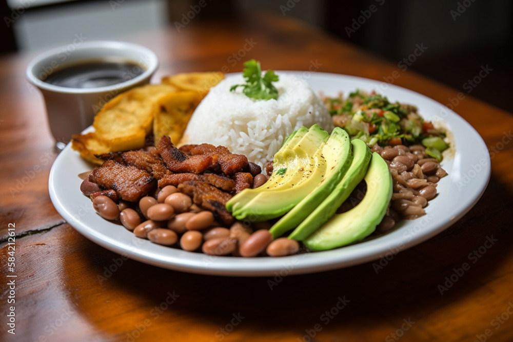 Traditional Generative AI Colombian Food Bandeja Paisa in a Restaurant
