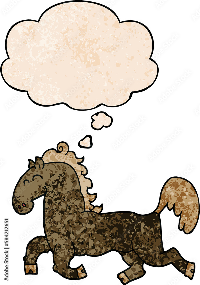 cartoon stallion and thought bubble in grunge texture pattern style cartoon stallion and thought bubble in grunge texture pattern style