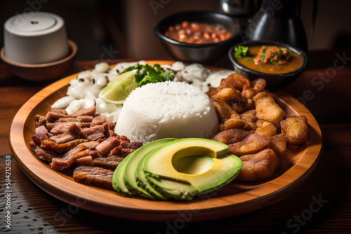 Traditional Generative AI Colombian Food Bandeja Paisa in a Restaurant 