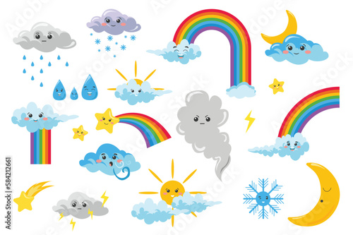 Cute cartoon weather illustration set concept in the flat cartoon design. Rain clouds, sun, rainbow and other natural phenomena with cute cartoon faces. Vector illustration.