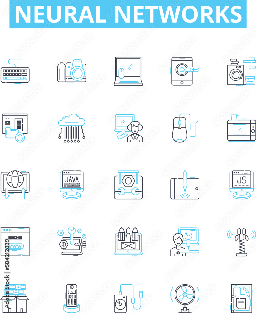 Neural networks vector line icons set. Neurons, Networks, Learning, AI, Weights, Synapses, Deep illustration outline concept symbols and signs