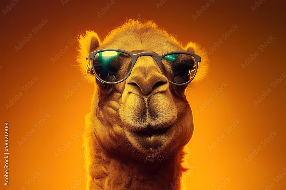 Portrait Of A Smiling Camel Wearing Sunglasses in A Golden Yellow Background
