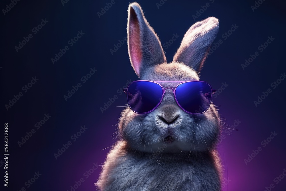 Portrait Of A Cute Bunny Wearing Sunglasses On A Purple Background