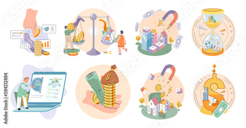 Businessman investor with coins. Employee or entrepreneur puts money in piles, calculates profit. Financial literacy and passive income, successful investor. Person stands holding bag of money