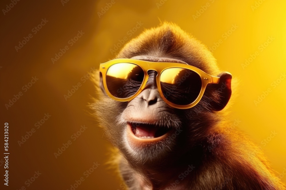Portrait Of A Happy Monkey Wearing Sunglasses in A Golden Yellow Background