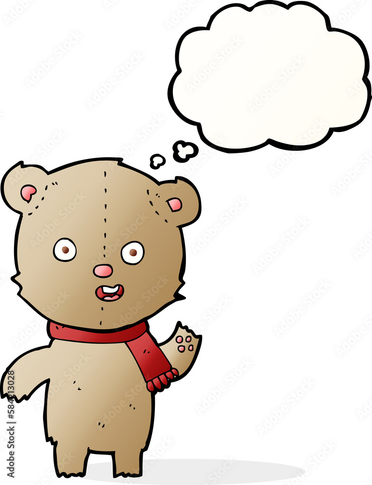 cartoon waving teddy bear with scarf with thought bubble cartoon waving teddy bear with scarf with thought bubble