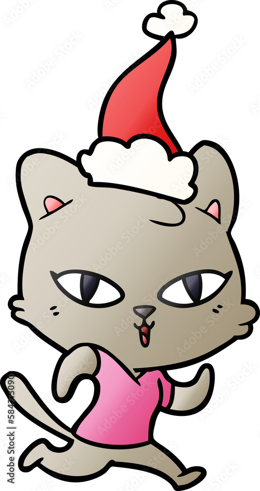 gradient cartoon of a cat out for a run wearing santa hat