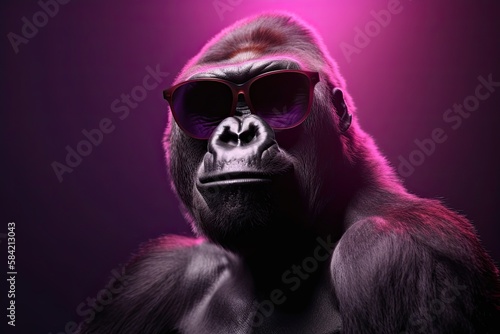 Portrait Of A Trendy Gorilla Wearing Sunglasses in A Purple Background © Aruni