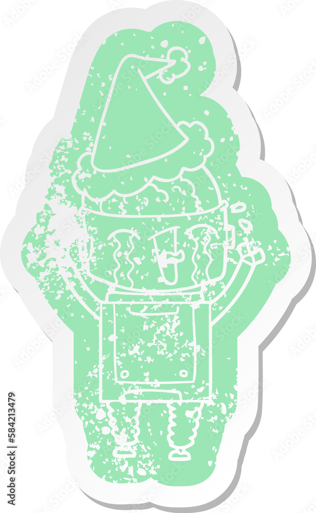 cartoon distressed sticker of a crying robot wearing santa hat cartoon distressed sticker of a crying robot wearing santa hat