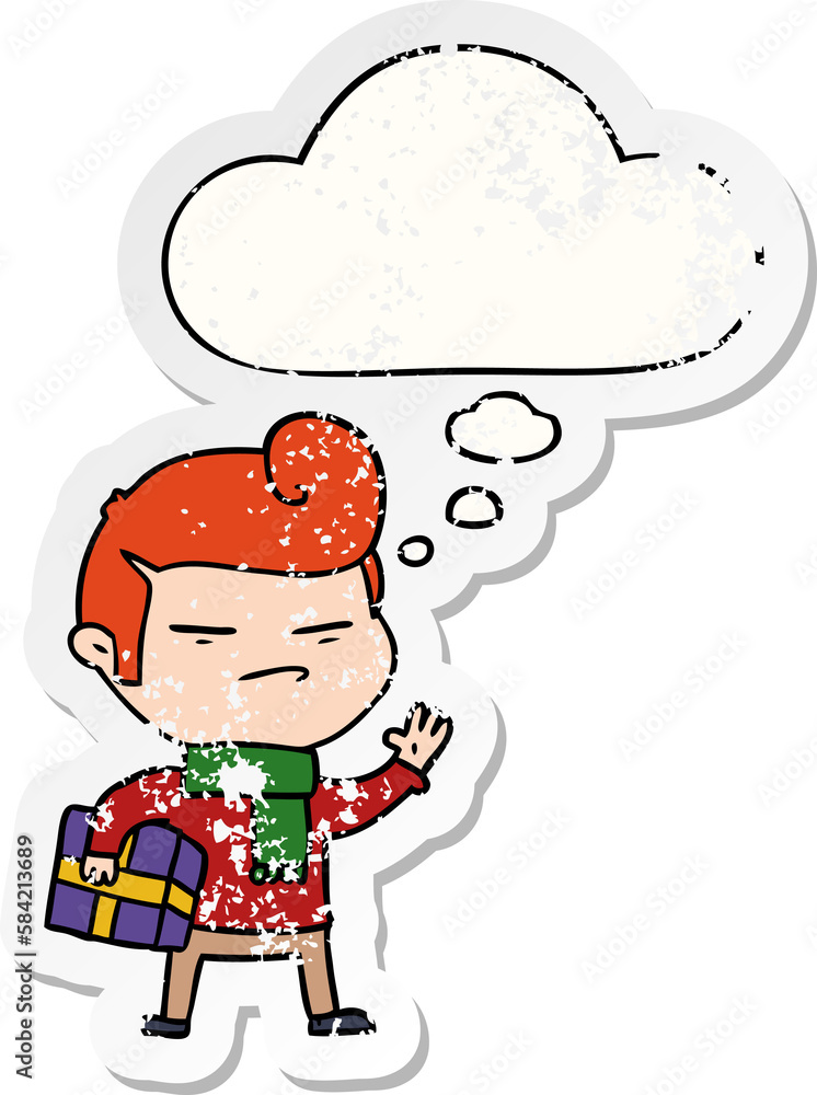Fototapeta premium cartoon cool guy with fashion hair cut and thought bubble as a distressed worn sticker