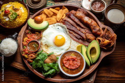 Traditional Generative AI Colombian Food Bandeja Paisa in a Restaurant © Natural Sources
