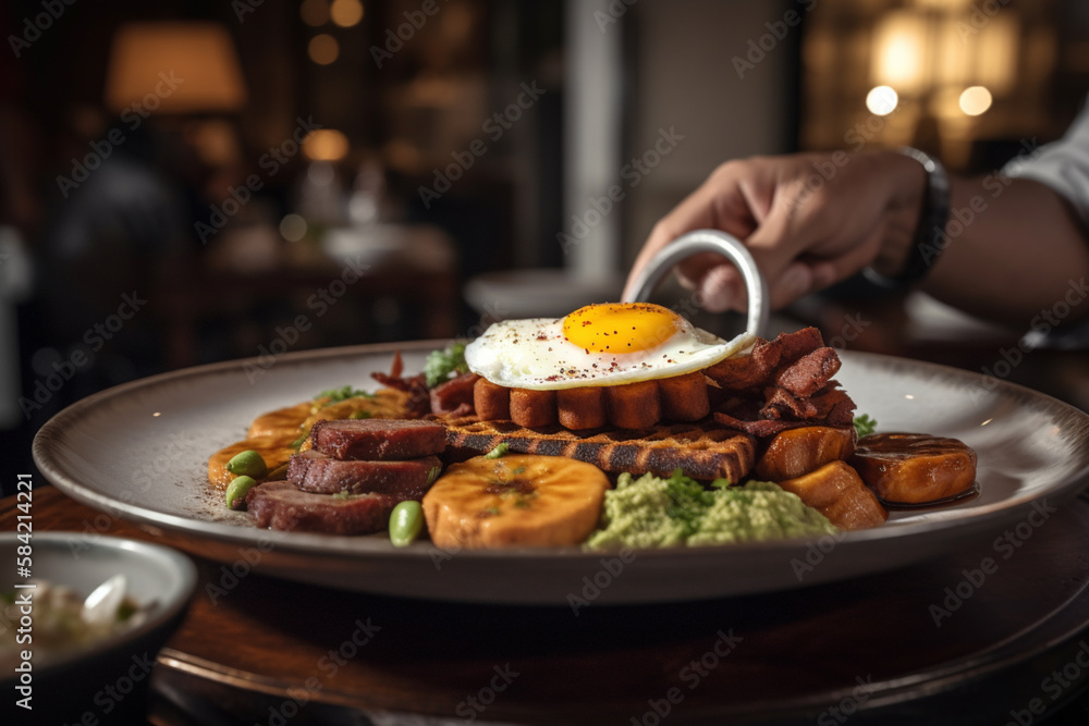 Traditional Generative AI Colombian Food Bandeja Paisa in a Restaurant
