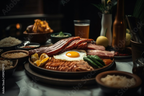 Traditional Generative AI Colombian Food Bandeja Paisa in a Restaurant  © Natural Sources